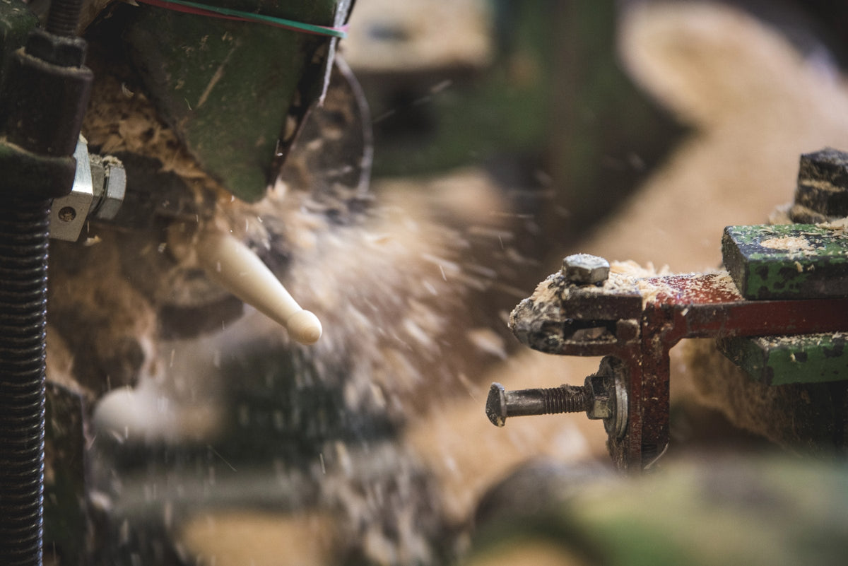 Drumstick being hand-turned on the lathe at the Pellwood workshop in the Czech Republic