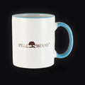 Pellwood mug with tree logo and light blue handle