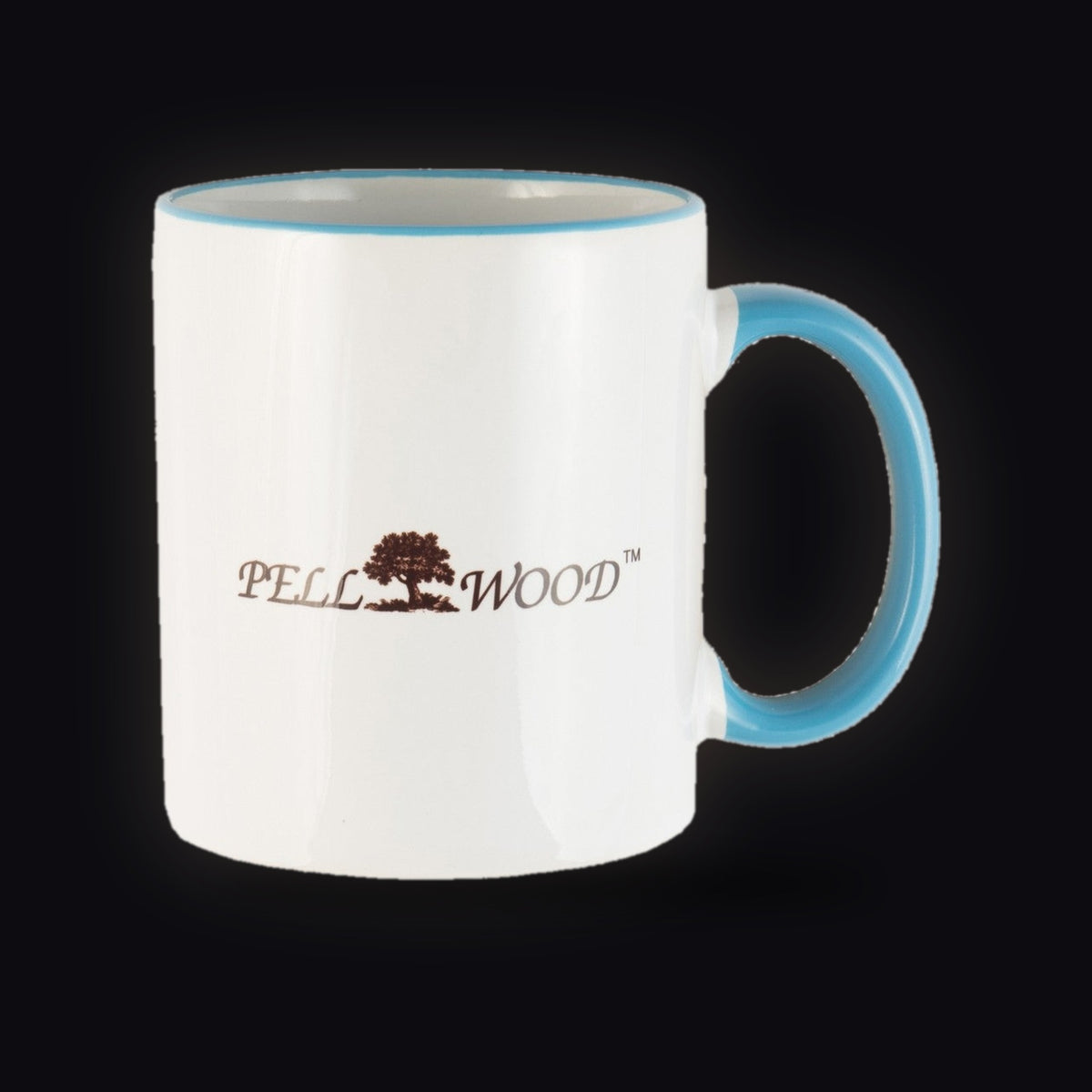 Pellwood mug with tree logo and light blue handle