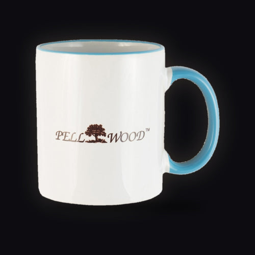 Pellwood mug with tree logo and light blue handle